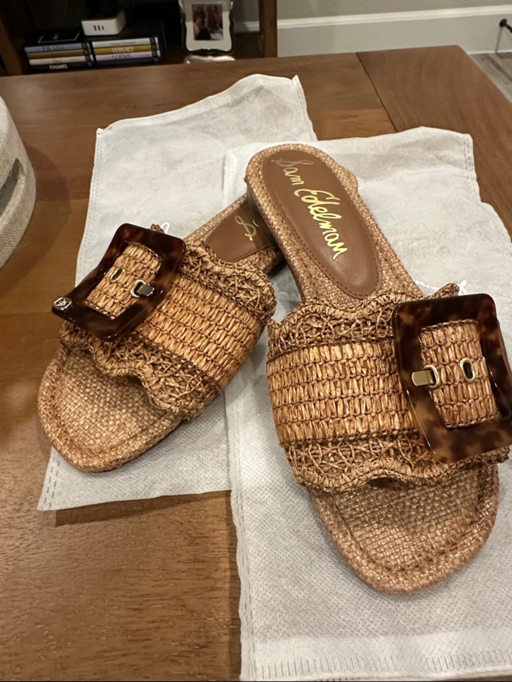 Sam Edelman Woven Tan Slide Mules with Tortoiseshell Buckle